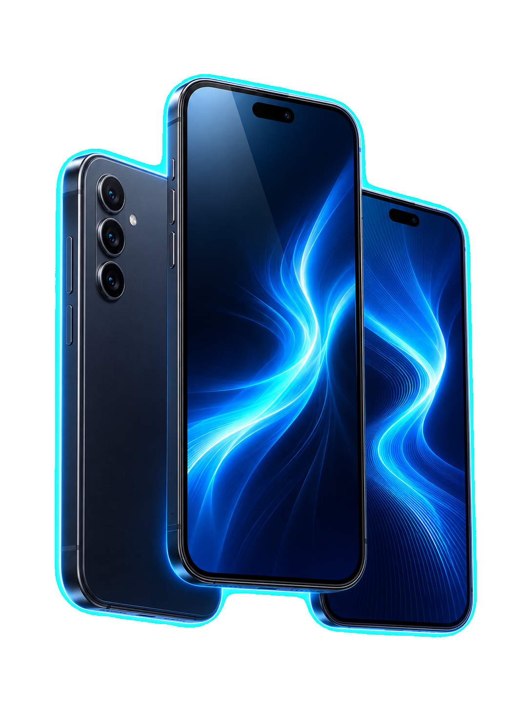 Tres smartphones modernos sobre una composición azul